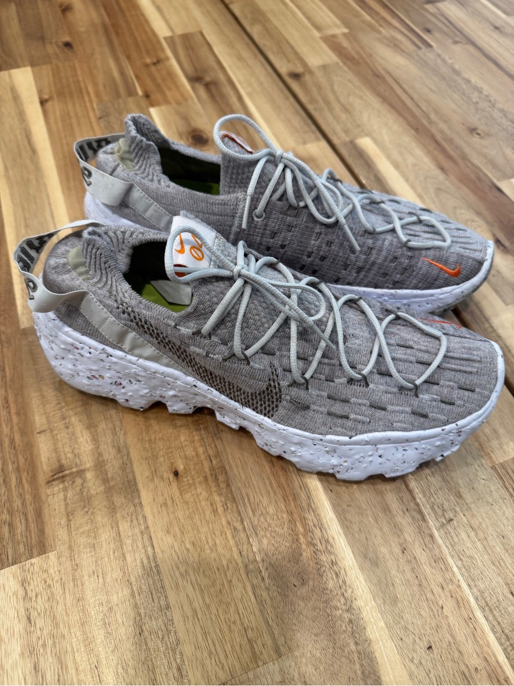 Nike Men’s Space Hippie 04 Light Gray Flyknit Sneakers with Orange Swoosh